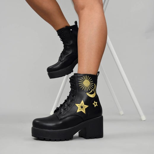 Femme Noir Bottines Koi Footwear Astro Star And Moon Chunky Boots - SCK-0005231