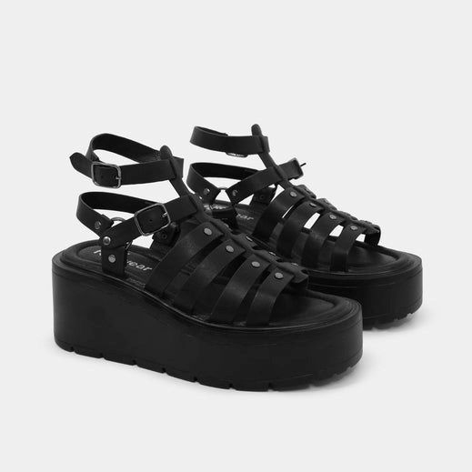 Femme Noir Sandales à Plateforme Koi Footwear Battle Ground Lanières Wedge Sandals - HCT-9333443