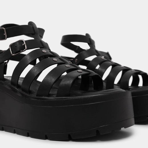 Femme Noir Sandales à Plateforme Koi Footwear Battle Ground Lanières Wedge Sandals - HCT-9333443