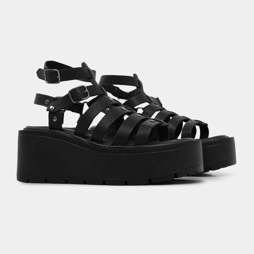 Femme Noir Sandales à Plateforme Koi Footwear Battle Ground Lanières Wedge Sandals - HCT-9333443