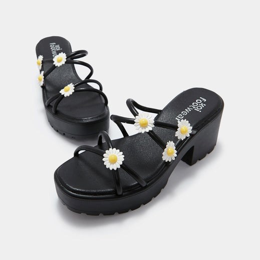 Femme Noir Strappy Sandals Koi Footwear Blooming Daisy Oasis Lanières Sliders - UXG-8918226