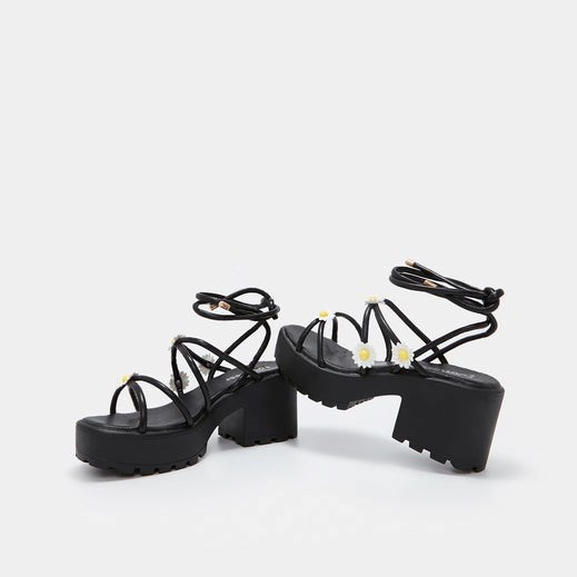 Femme Noir Strappy Sandals Koi Footwear Blooming Daisy Oasis Dentelle Up Sandals - THZ-9590851