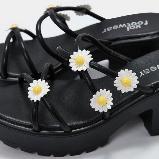 Femme Noir Strappy Sandals Koi Footwear Blooming Daisy Oasis Lanières Sliders - UXG-8918226