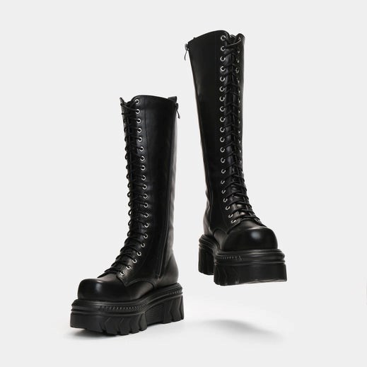 Femme Noir Bottes Hautes Koi Footwear Alaric Dentelle Up Long Stomper Boots - TJR-3380184